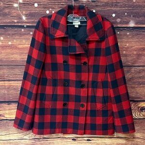 J. Crew Red and Black Plaid Pea Coat